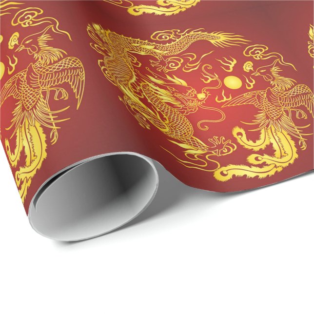 Gold Red Dragon Phoenix Chinese Wedding Favour Wrapping Paper (Roll Corner)