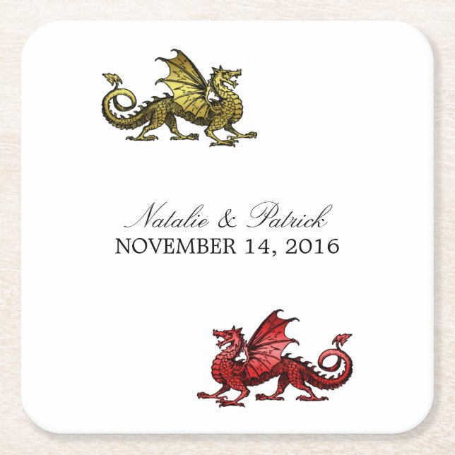 Gold Red Dragon Wedding Paper Coasters (Front)