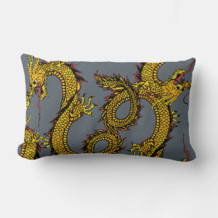 Gold & Red Dragons on Grey Lumbar Cushion