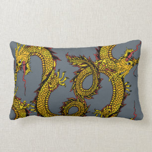 Gold & Red Dragons on Grey Lumbar Cushion