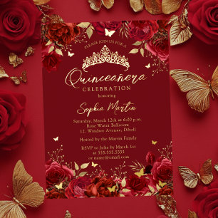 Gold Red Enchanting Floral Butterfly Quinceanera