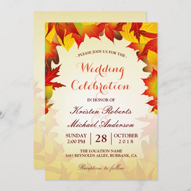 Gold Red Fall Leaves | Autumn Wedding Celebration Invitation (Front/Back)