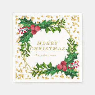 Gold Red Family Christmas Party Holly Glitter Napkin