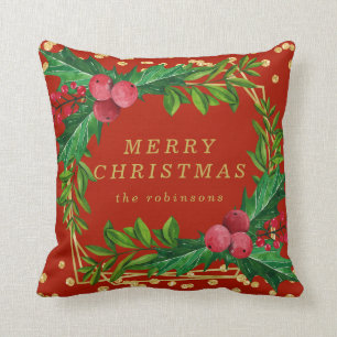 Gold Red Family Merry Christmas Holly Glitter Cushion