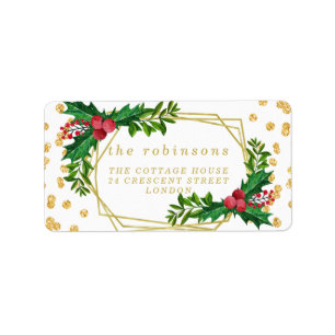 Gold Red Family Merry Christmas Holly Glitter Label