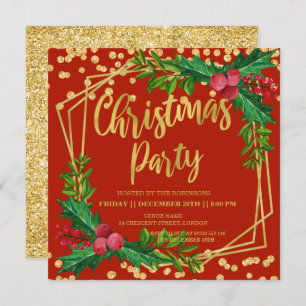 Gold Red Festive Holly Glitter Christmas Invitation