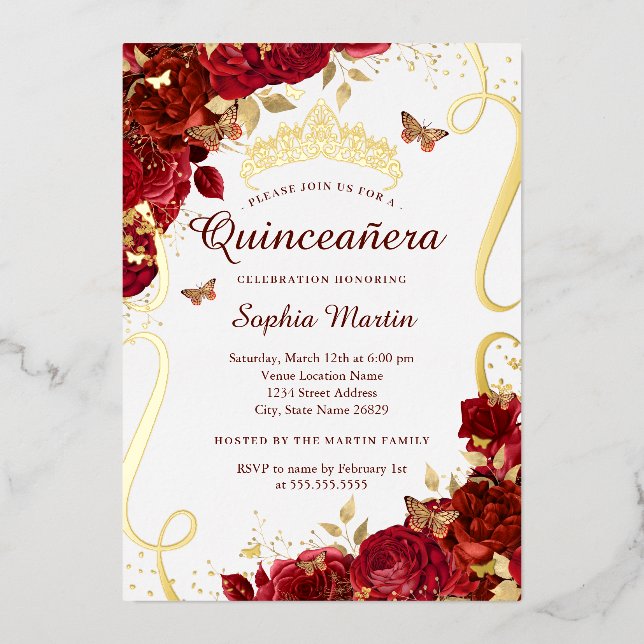 Gold Red Floral Butterfly Elegant Quinceanera  (Front)