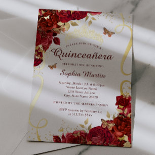 Gold Red Floral Butterfly Elegant Quinceanera 