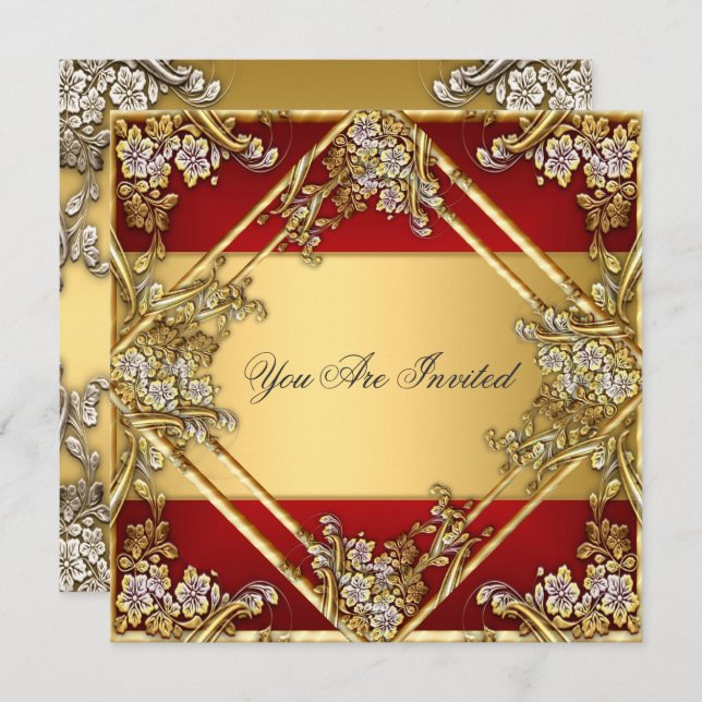 Gold Red Floral Frame Party Invitation Gold Red (Front/Back)