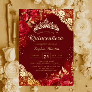 Gold Red Floral Lace Quinceanera 