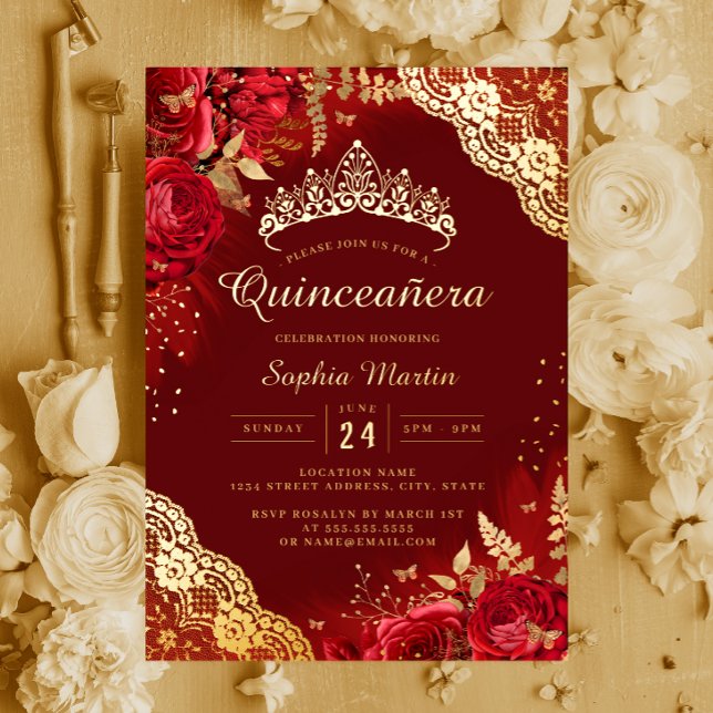 Gold Red Floral Lace Quinceanera  (Creator Uploaded)