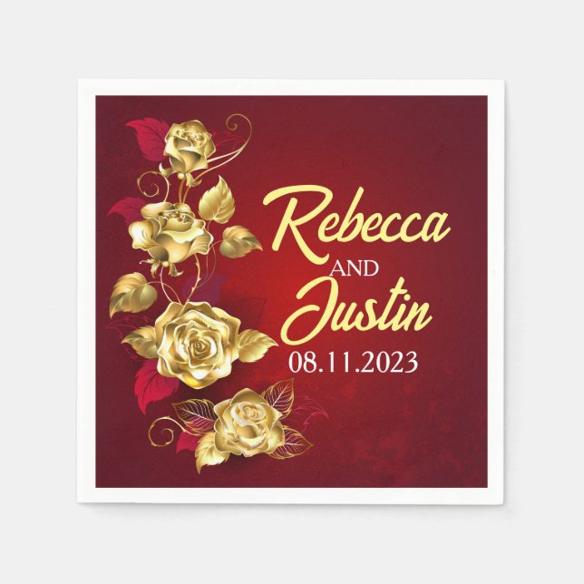 Gold Red Floral Modern Boho Napkins (Front)