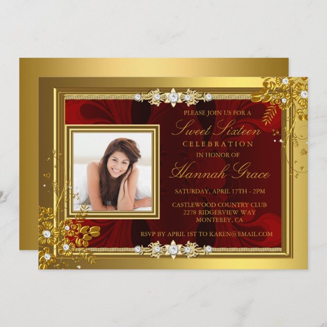 Gold & Red floral Photo Sweet Sixteen Invite (Front/Back)