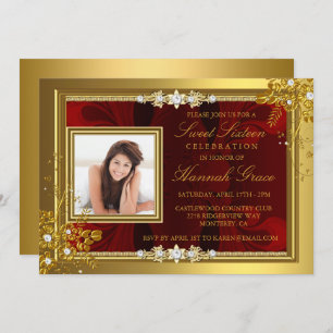 Gold & Red floral Photo Sweet Sixteen Invite
