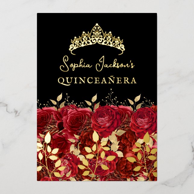 Gold Red Floral Rose Leaf Quinceanera (Front)