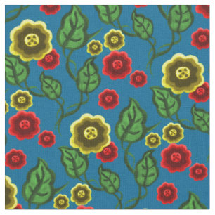 Gold/red flowers/green leaves/Folk floral/blue Fabric