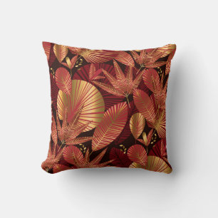 Gold Red, Geometric Tropical Pattern. Cushion