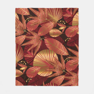 Gold Red, Geometric Tropical Pattern. Fleece Blanket