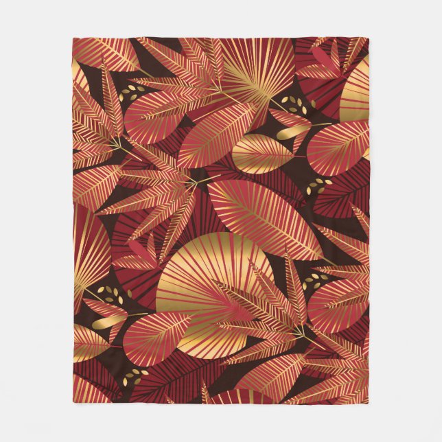 Gold Red, Geometric Tropical Pattern. Fleece Blanket (Front)