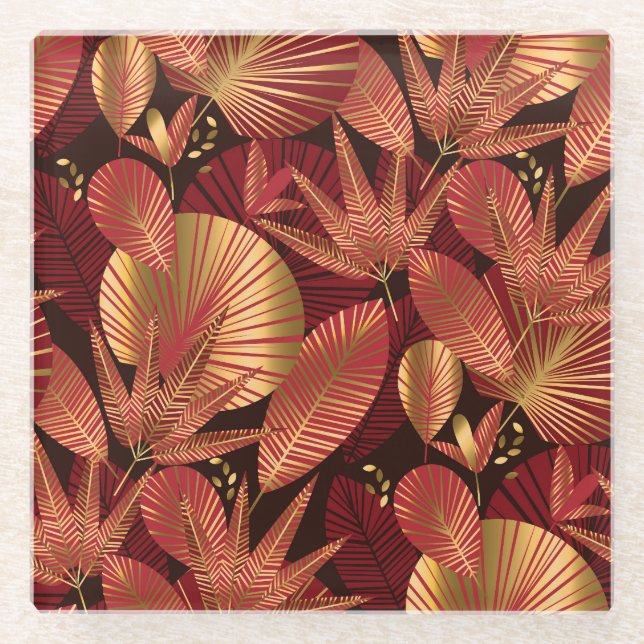 Gold Red, Geometric Tropical Pattern. Glass Coaster (Front)