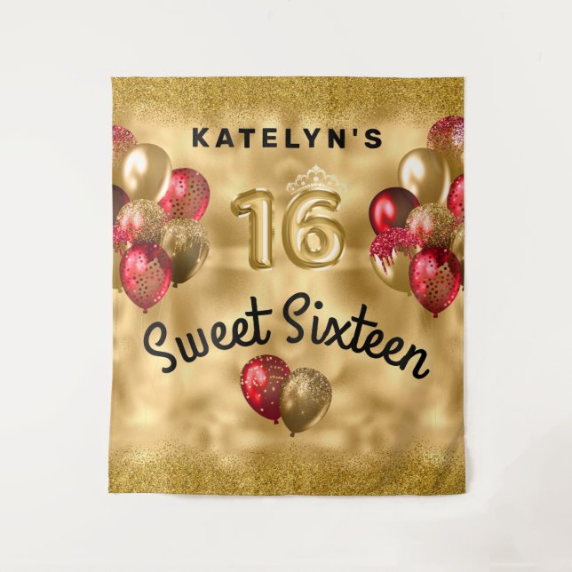 Gold Red Glitter Balloons Sweet 16 Tapestry (Front)