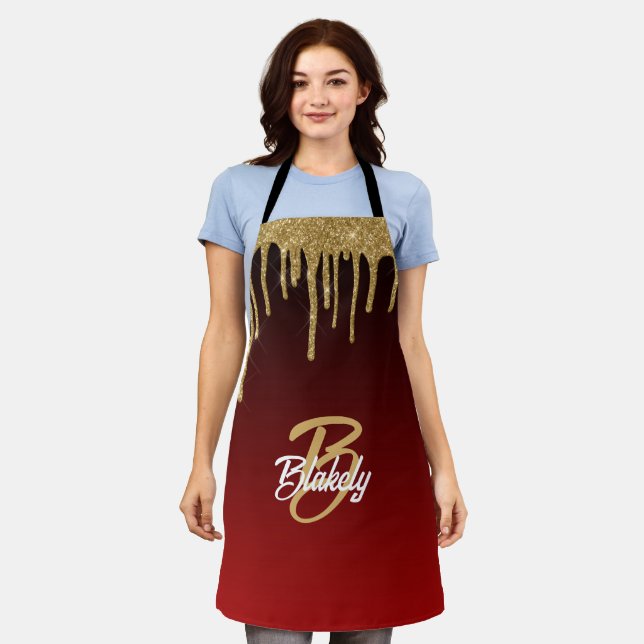 Gold Red Glitter Drip Monogram Sparkle Cute Girly Apron (Worn)