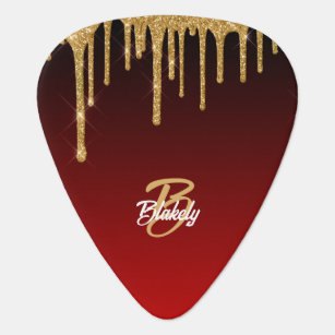 Gold Red Glitter Drip Monogram Sparkle Cute Girly Guitar Pick
