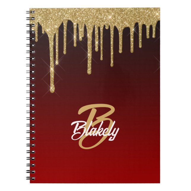 Gold Red Glitter Drip Monogram Sparkle Cute Girly Notebook (Front)