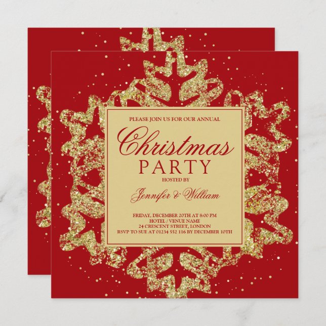 Gold & Red Glitter Elegant Xmas Holiday Party  Invitation (Front/Back)