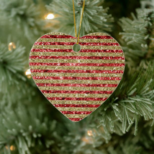 Gold Red Glitter Glitz Stripes Ceramic Ornament