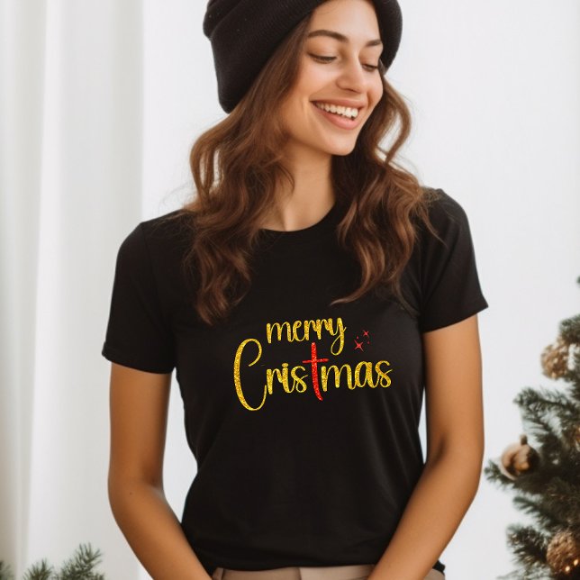 Gold Red Glitter Merry Christmas Christian Cross T-Shirt (Creator Uploaded)