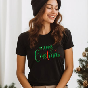 Gold Red Glitter Merry Christmas Cross Faith Black T-Shirt