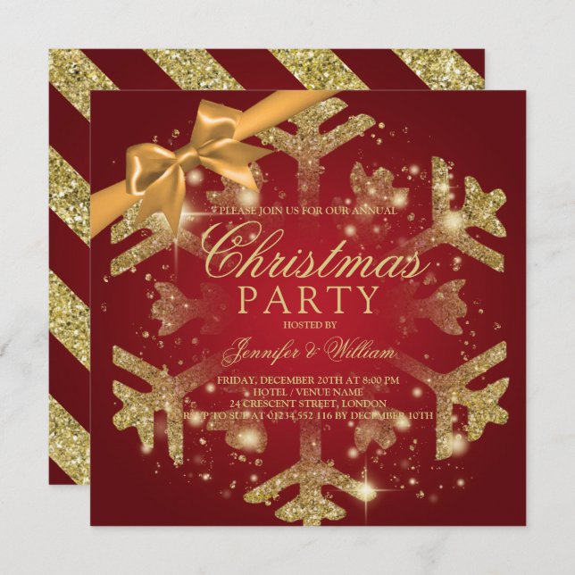 Gold Red Glitter & Ribbon | Xmas Holiday Party Invitation (Front/Back)