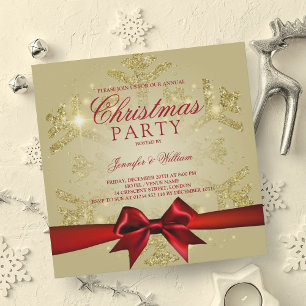 Gold Red Glitter & Ribbon   Xmas Holiday Party Invitation