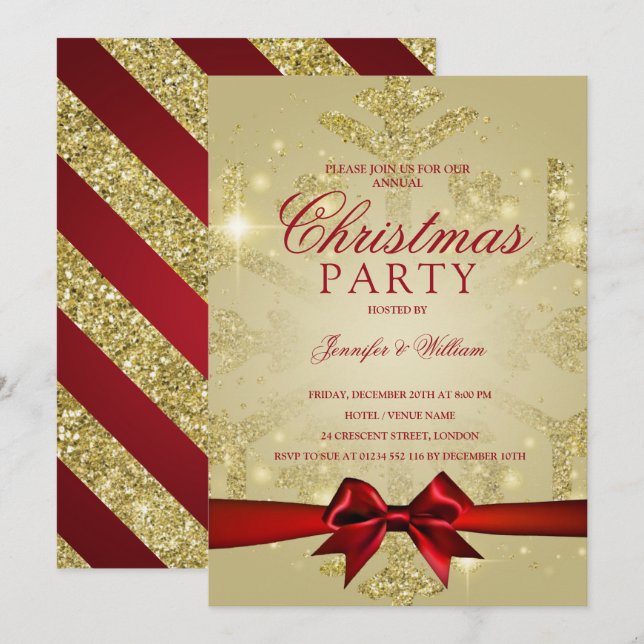 Gold & Red Glitter Snowflake & Ribbon Xmas Party Invitation (Front/Back)
