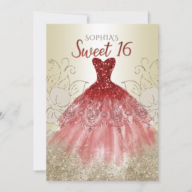 Gold Red Glitter Sparkle Dress Sweet 16 birthday Invitation (Front)