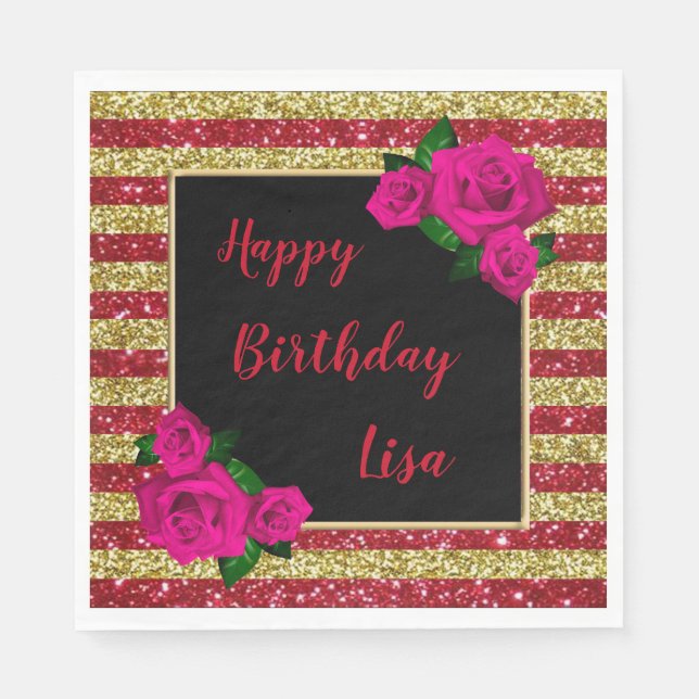 Gold Red Glitter Stripes Pink Roses Birthday Napkin (Front)