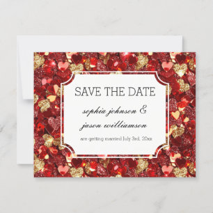Gold red glitzy hearts save the date