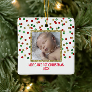 Gold Red Green Baby's First Christmas Photo Ceramic Ornament