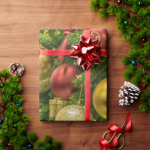 Gold Red & Green Christmas Ornaments Wrapping Paper