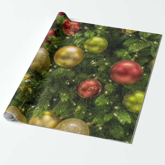 Gold Red & Green Christmas Ornaments Wrapping Paper (Unrolled)