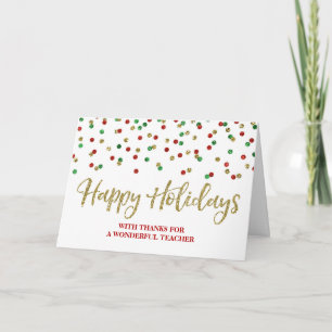 Gold Red Green Confetti Teacher Christmas Card