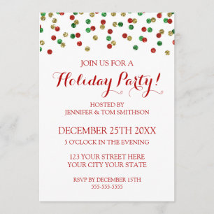 Gold Red Green Glitter Confetti Christmas Party Invitation