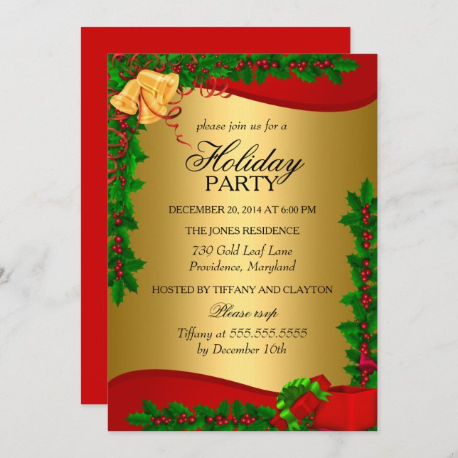 Gold Red Green Holly Leaves Bell Christmas Holiday Invitation (Front/Back)