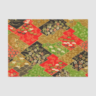 Gold Red Green Japanese Kimono Floral Decoupage Tissue Paper
