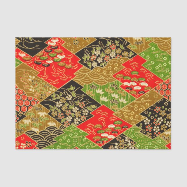 Gold Red Green Japanese Kimono Floral Decoupage Tissue Paper (Front)