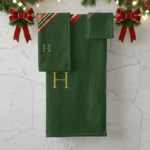 Gold Red Green Monogram Christmas Bath Towel Set
