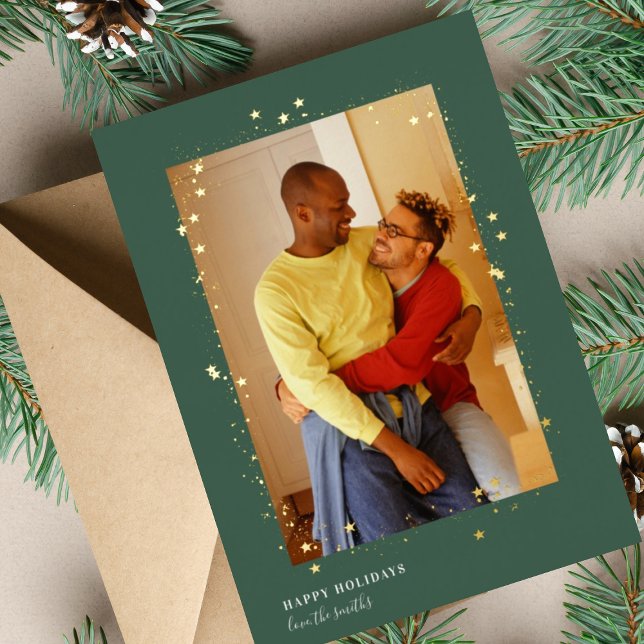 Gold red green Stars Frame Christmas Photo Foil Holiday Card (Creator Uploaded)