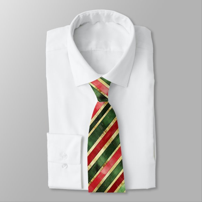 Gold Red Green Striped Christmas Tie (Tied)