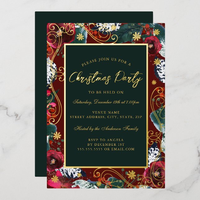 Gold Red Green Swirl Flower Frame Christmas Party (Front/Back)